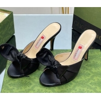 Good Quality Gucci Leather Mid-heel Slide Sandal 8.5cm with Bow Black 030292