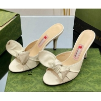 Durable Gucci Leather Mid-heel Slide Sandal 8.5cm with Bow White 030293