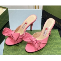 Best Price Gucci Leather Mid-heel Slide Sandal 8.5cm with Bow Pink 030294