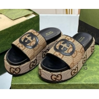 Duplicate Gucci Jumbo GG Canvas Slide Sandals 5.5cm with Interlocking G Camel/Black 0302106