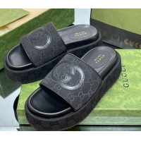 Best Grade Gucci Original GG Canvas Slide Sandals 5.5cm with Interlocking G Black 0302108