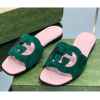 Grade Quality Gucci Suede Interlocking G Cut-out Flat Slide Sandal Green/Pink 302116