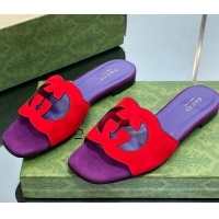 Best Grade Gucci Suede Interlocking G Cut-out Flat Slide Sandal Red/Purple 0302118