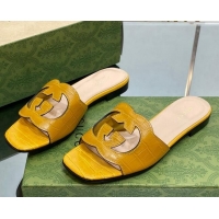 Good Looking Gucci Interlocking G Cut-out Flat Slide Sandal in Yellow Embossed Leather 302120