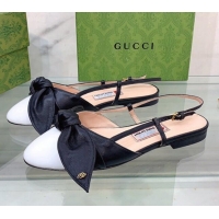 Discount Gucci Lambskin and Patent Leather Ballet Flat Slingback with Bow White/Black 0302122