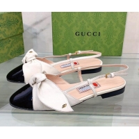 Sumptuous Gucci Lambskin and Patent Leather Ballet Flat Slingback with Bow White 1/Black 302123