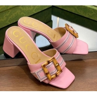 Good Quality Gucci Bamboo Lambskin Medium Heel Slide Sandals 6.5cm Pink 321061