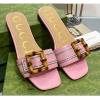 Charming Gucci Bamboo Lambskin Flat Slide Sandals Pink 321069