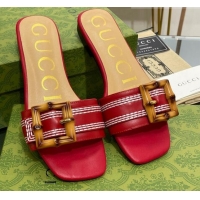 Grade Quality Gucci Bamboo Lambskin Flat Slide Sandals Red 321071