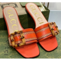 Top Grade Gucci Bamboo Lambskin Flat Slide Sandals Orange 321073