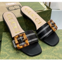 Classic Hot Gucci Bamboo Lambskin Flat Slide Sandals Black 321076