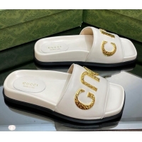 Pretty Style Gucci Leather Flat Slide Sandals with Gold-Tone GUCCI White 321105