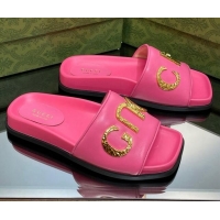 Luxury Gucci Leather Flat Slide Sandals with Gold-Tone GUCCI Pink 321106