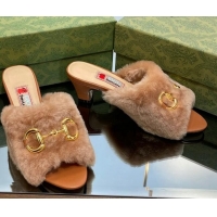 Luxurious Gucci Fur Mid-Heel Slide Sandals 5.5cm with Horsebit Brown 321108