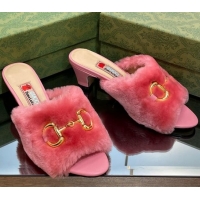 Good Quality Gucci Fur Mid-Heel Slide Sandals 5.5cm with Horsebit Pink 321109