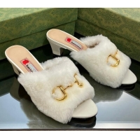 Popular Style Gucci Fur Mid-Heel Slide Sandals 5.5cm with Horsebit White 321110