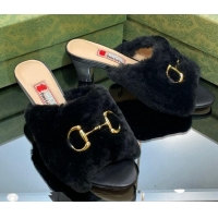 Best Product Gucci Fur Mid-Heel Slide Sandals 5.5cm with Horsebit Black 321111