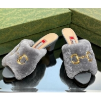 Cheap Price Gucci Fur Mid-Heel Slide Sandals 5.5cm with Horsebit Grey 321112