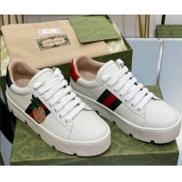 Discount Gucci Ace Embroidered Leather Platform Sneakers White 321113