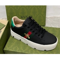 Classic Hot Gucci Ace Bee Embroidered Leather Platform Sneakers Black 321115