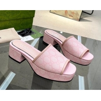 Good Quality Gucci GG Canvas Heel Platform Slide Sandals 4cm Light Pink 403106