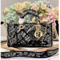 Top Quality MEDIUM DIOR LADY D-JOY BAG Black Plan de Paris Embroidery M0540O