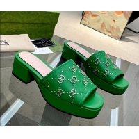 Shop Duplicate Gucci Leather Heel Platform Slide Sandals 4cm Interlocking G Studs Green 403114