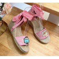 Best Grade Gucci GG Canvas Wedge Sandals 9cm with Dog Embroidery Pink 403117