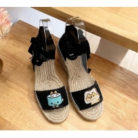 Luxury Gucci GG Canvas Wedge Sandals 9cm with Dog Embroidery Black 403119