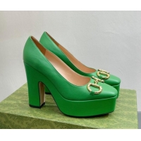 Grade Qualit Gucci Leather High Heel Platform Pumps with Horsebit 12cm Green 404002