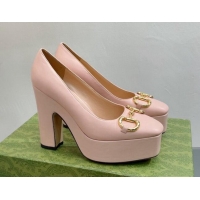 Good Quality Gucci Leather High Heel Platform Pumps with Horsebit 12cm Nude Pink 0404003