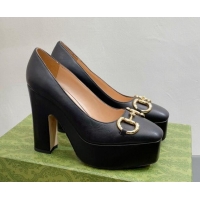 Grade Quality Gucci Leather High Heel Platform Pumps with Horsebit 12cm Black 404004