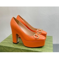 Popular Style Gucci Leather High Heel Platform Pumps with Horsebit 12cm Orange 404005