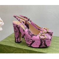 Luxurious Gucci High Heel Platform Slingback Pumps 12cm with Horsebit in Pink Snakeskin-Like Leather 404006