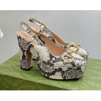 Low Price Gucci High Heel Platform Slingback Pumps 12cm with Horsebit in Snakeskin-Like Leather Grey/Beige 404007