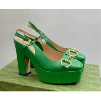 Discount Gucci Leather High Heel Platform Slingback Pumps with Horsebit 12cm Green 404009