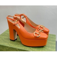 Charming Gucci Leather High Heel Platform Slingback Pumps with Horsebit 12cm Orange 404010