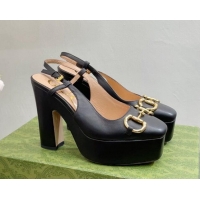 Good Looking Gucci Leather High Heel Platform Slingback Pumps with Horsebit 12cm Black 404012