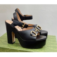 Classic Hot Gucci Leather High Heel Platform Sandals with Horsebit 12cm Black 0404014