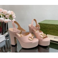 Classic Gucci Leather High Heel Platform Sandals with Horsebit 12cm Nude Pink 404015