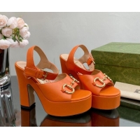 Best Product Gucci Leather High Heel Platform Sandals with Horsebit 12cm Orange 404016