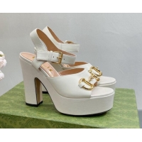 Good Quality Gucci Leather High Heel Platform Sandals with Horsebit 12cm White 404017