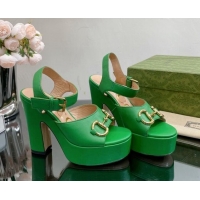 Grade Quality Gucci Leather High Heel Platform Sandals with Horsebit 12cm Green 404019