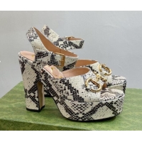 Best Grade Gucci High Heel Platform Sandals 12cm with Horsebit in Snakeskin-Like Leather Beige/Grey 404020