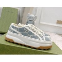 Perfect Gucci GG Embroidered Low-top Platform Sneakers 5cm Light Blue 406034