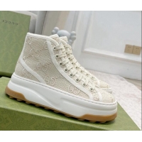 Best Grade Gucci GG Embroidered High-top Platform Sneakers 5cm Light Beige 406037