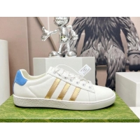 Discount Gucci x Adidas Gazelle Silky Calfskin Sneakers White/Gold/Blue 406042