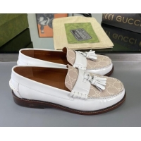 Durable Gucci GG Canvas and Shiny Leather Loafers with Tassel White 406047