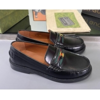 Unique Style Gucci Shiny Leather Loafers with with Interlocking G and Web Black 406048