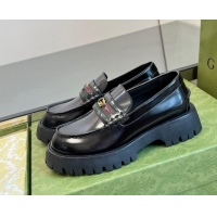 Top Quality Gucci Shiny Leather Loafers with Interlocking G and Web Black 406049